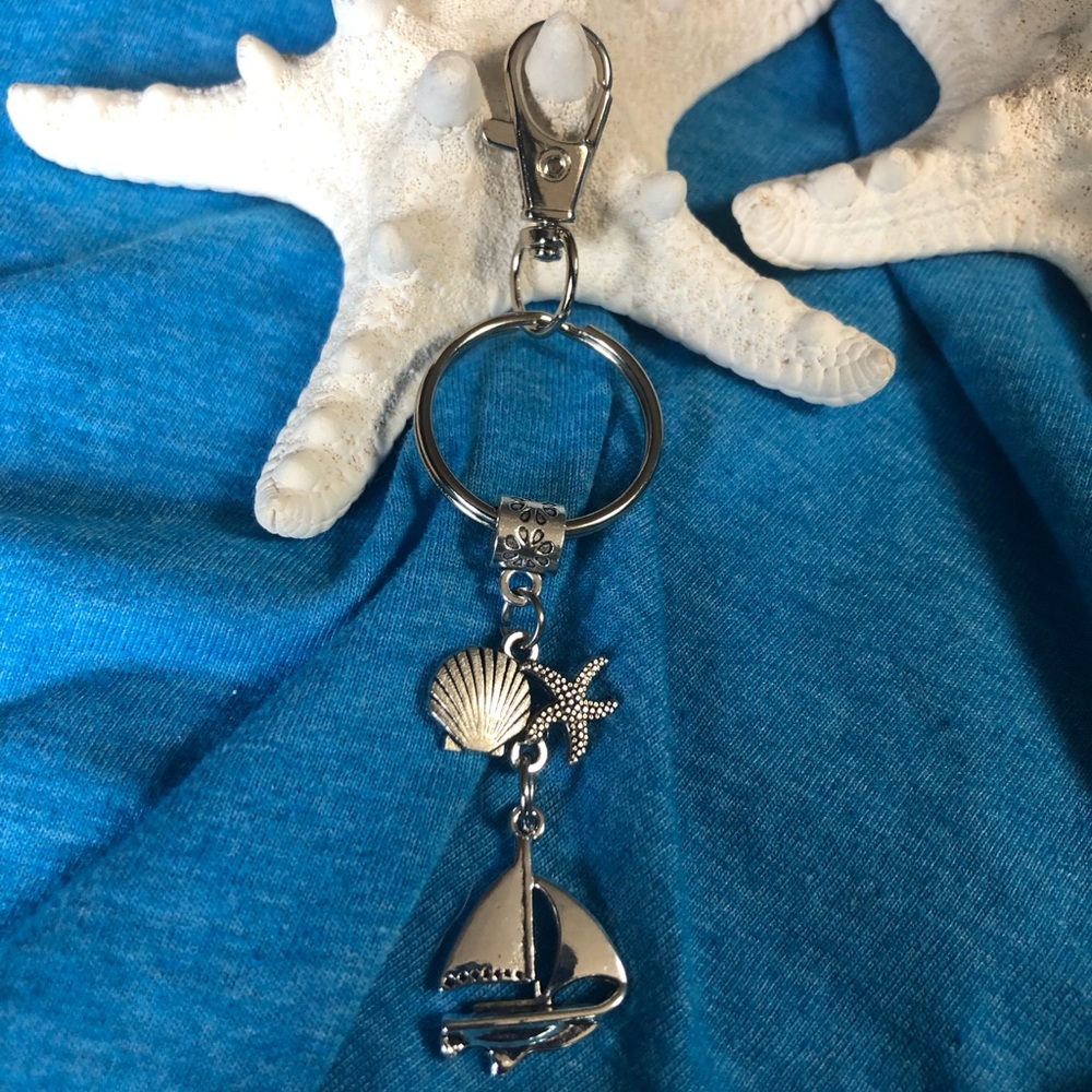 NWT, Handmade by A Charmed Life. Silver Keychain with Nautical Charms